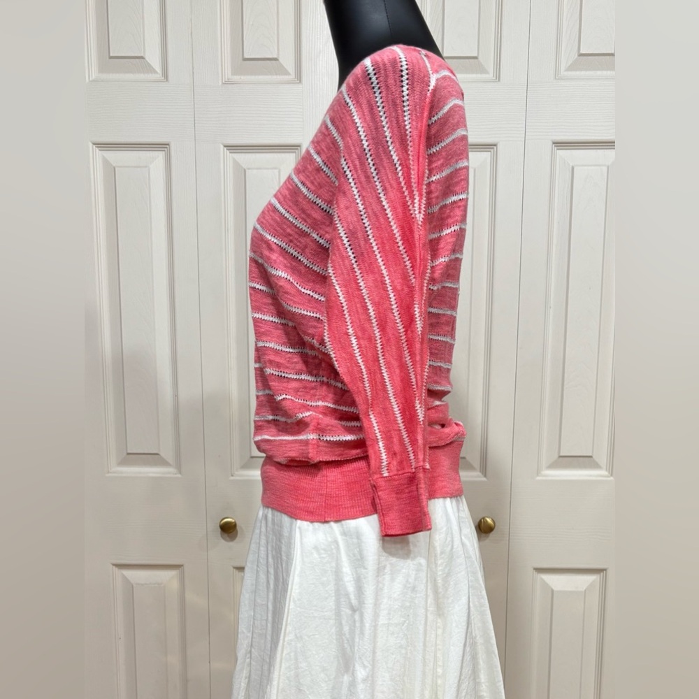 🌸 DKNY long-3/4 sleeve, striped v-neck knit sweater, watermelon pink, Pointelle - Picture 8 of 14